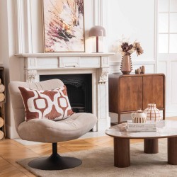 Fauteuil Adrian taupe en tissu avec piètement tulipe chromé