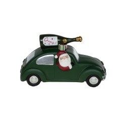 Père Noël en voiture champagne 12 cm en résine verte