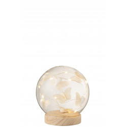 Cloche boule Led papillons verre/bois blanc medium 