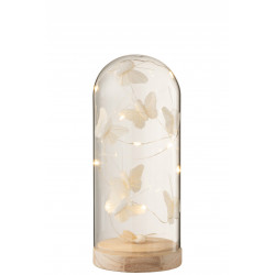 Cloche haute Led papillons verre/bois blanc medium 