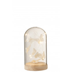 Cloche haute Led papillons verre/bois blanc small 