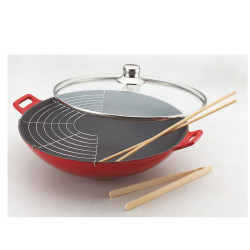 Wok fonte rouge 36 cm avec...