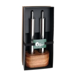 Set 2 pièces huile et vinaigre inox avec socle en bois